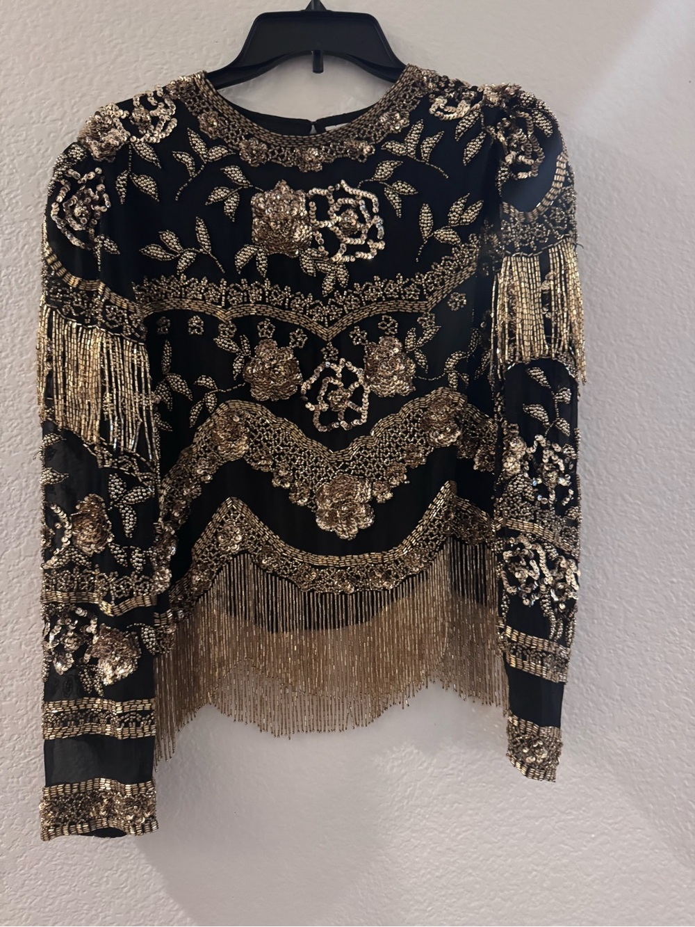 Black Tie Gold Beaded Fringe Top Sequined Formal He-Ro Size Medium Vtg 80s